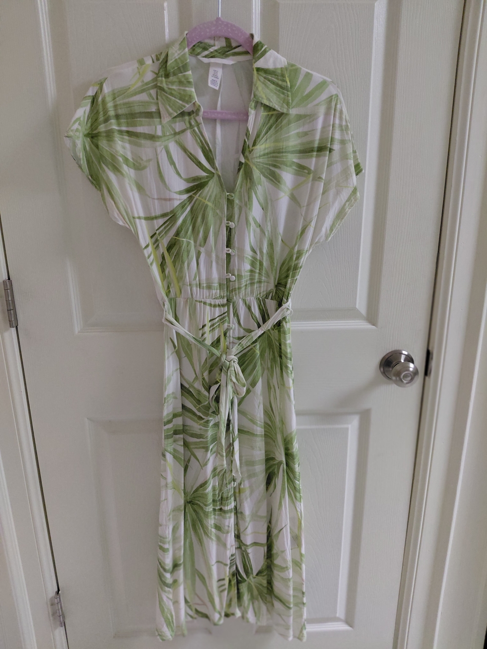 H&M White Midi Dress with Green Palm Print
